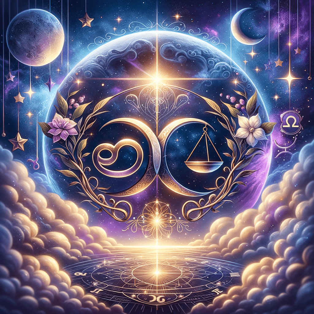 Illustration of Cancer and Libra zodiac symbols facing each other with a sun between them, representing compatibility.