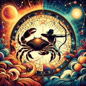 Cancer crab and Sagittarius archer zodiac symbols facing each other over a starry cosmic background.