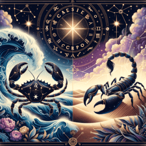 Cancer crab and Scorpio scorpion symbols intertwined with moon and water motifs representing their compatibility.