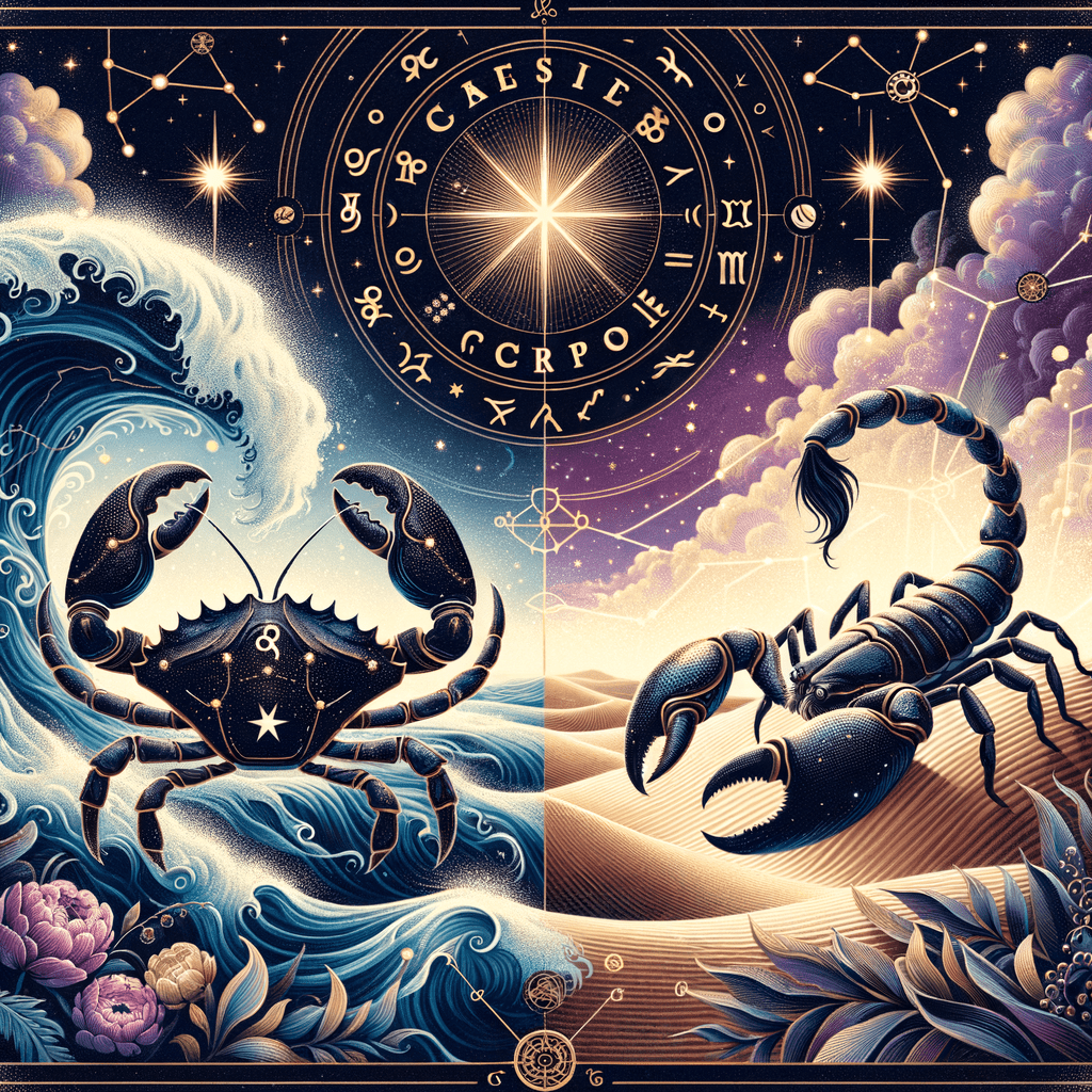 Cancer crab and Scorpio scorpion symbols intertwined with moon and water motifs representing their compatibility.