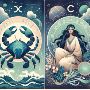 Illustration of Cancer crab and Virgo maiden zodiac symbols entwined with stars and a heart, symbolizing compatibility.
