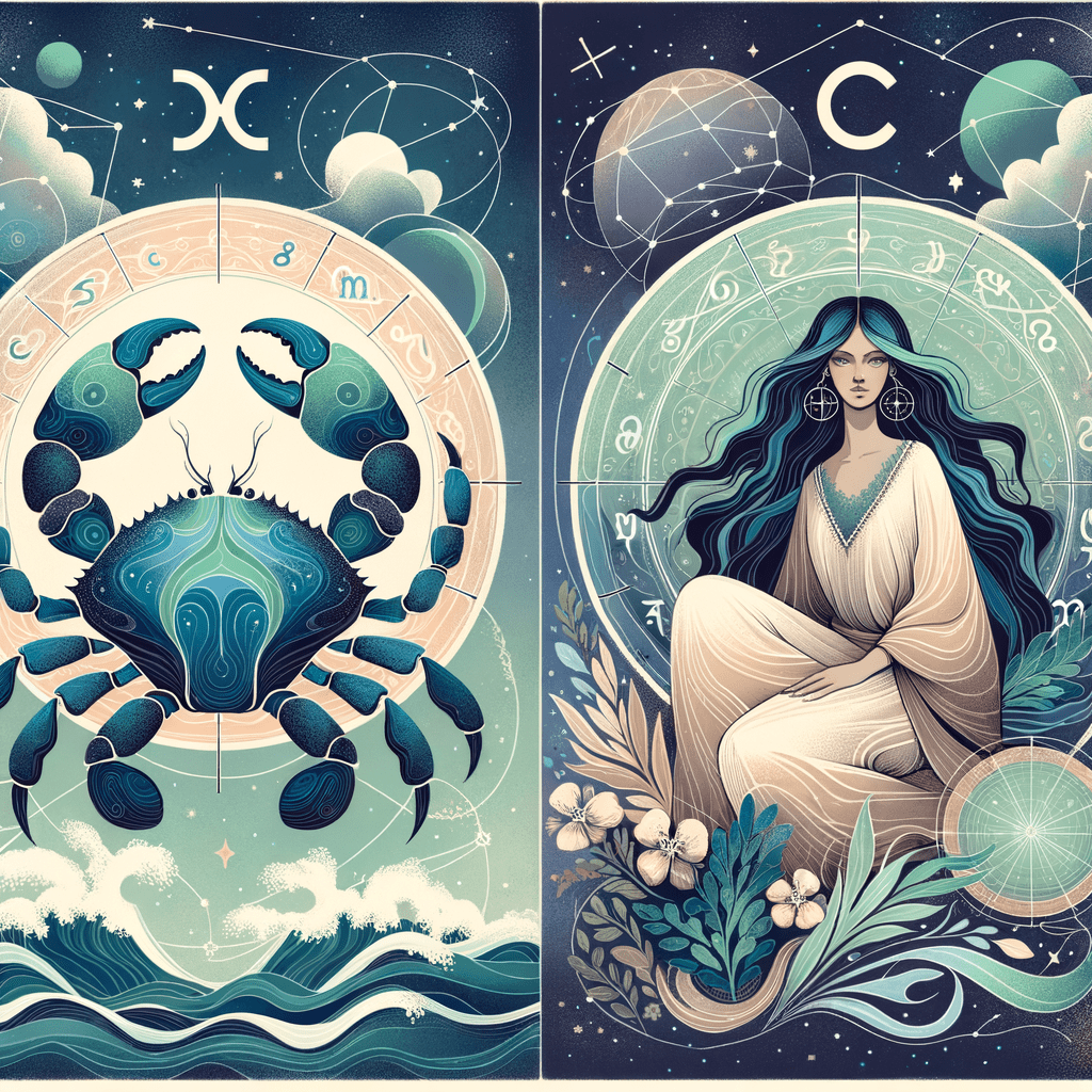 Illustration of Cancer crab and Virgo maiden zodiac symbols entwined with stars and a heart, symbolizing compatibility.
