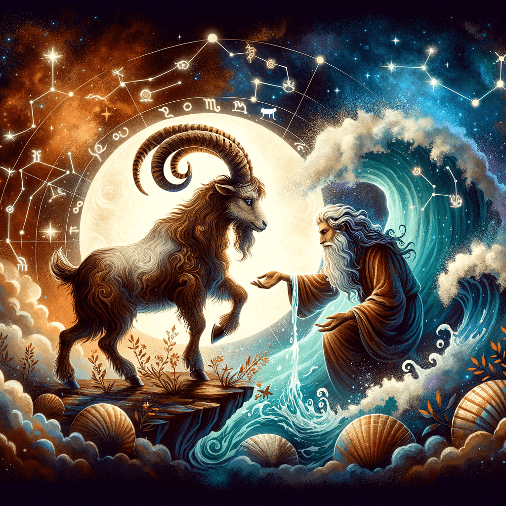 Capricorn goat and Aquarius water-bearer facing each other, symbolizing their compatibility with connecting stars.