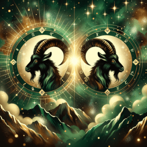 Two Capricorn symbols (sea-goats) mirrored over mountains, symbolizing Capricorn and Capricorn compatibility.