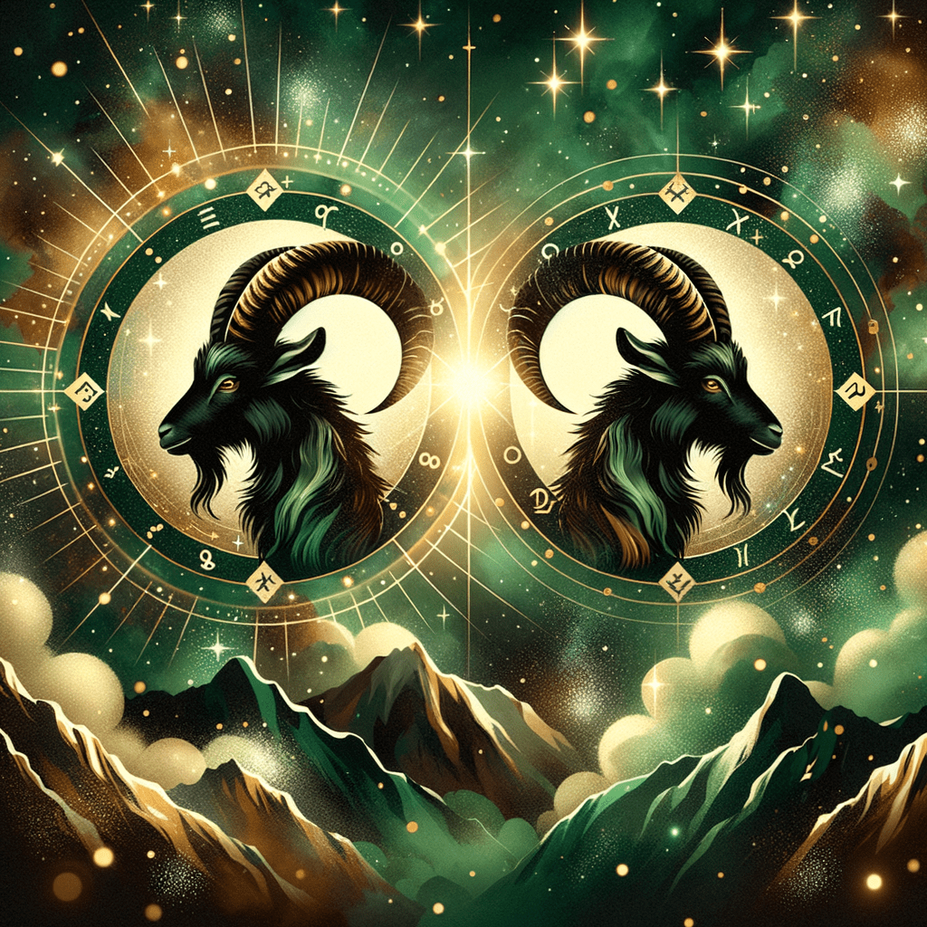 Two Capricorn symbols (sea-goats) mirrored over mountains, symbolizing Capricorn and Capricorn compatibility.