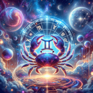 Gemini twins and Cancer crab facing each other before a sun, symbolizing Gemini and Cancer compatibility.