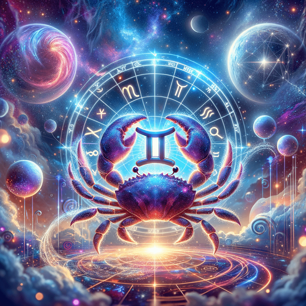 Gemini twins and Cancer crab facing each other before a sun, symbolizing Gemini and Cancer compatibility.