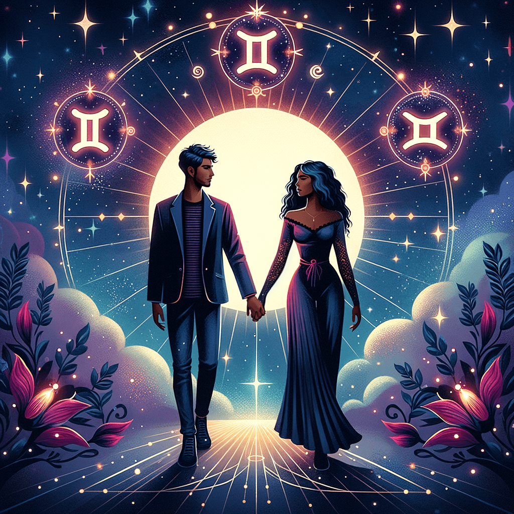 Two mirrored Gemini twins with zodiac symbols under a golden sun, representing Gemini and Gemini compatibility.