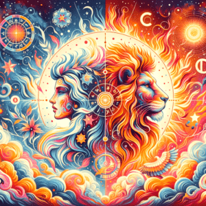 Gemini twins and a Leo lion facing each other with a glowing sun and stars, symbolizing Gemini and Leo compatibility.