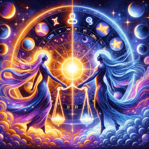 Gemini twins and Libra scales icons linked by stars, illustrating Gemini and Libra compatibility.