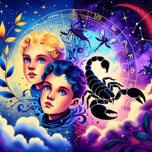 Gemini twins symbol and Scorpio scorpion symbol flanking a glowing sun, representing Gemini and Scorpio compatibility.