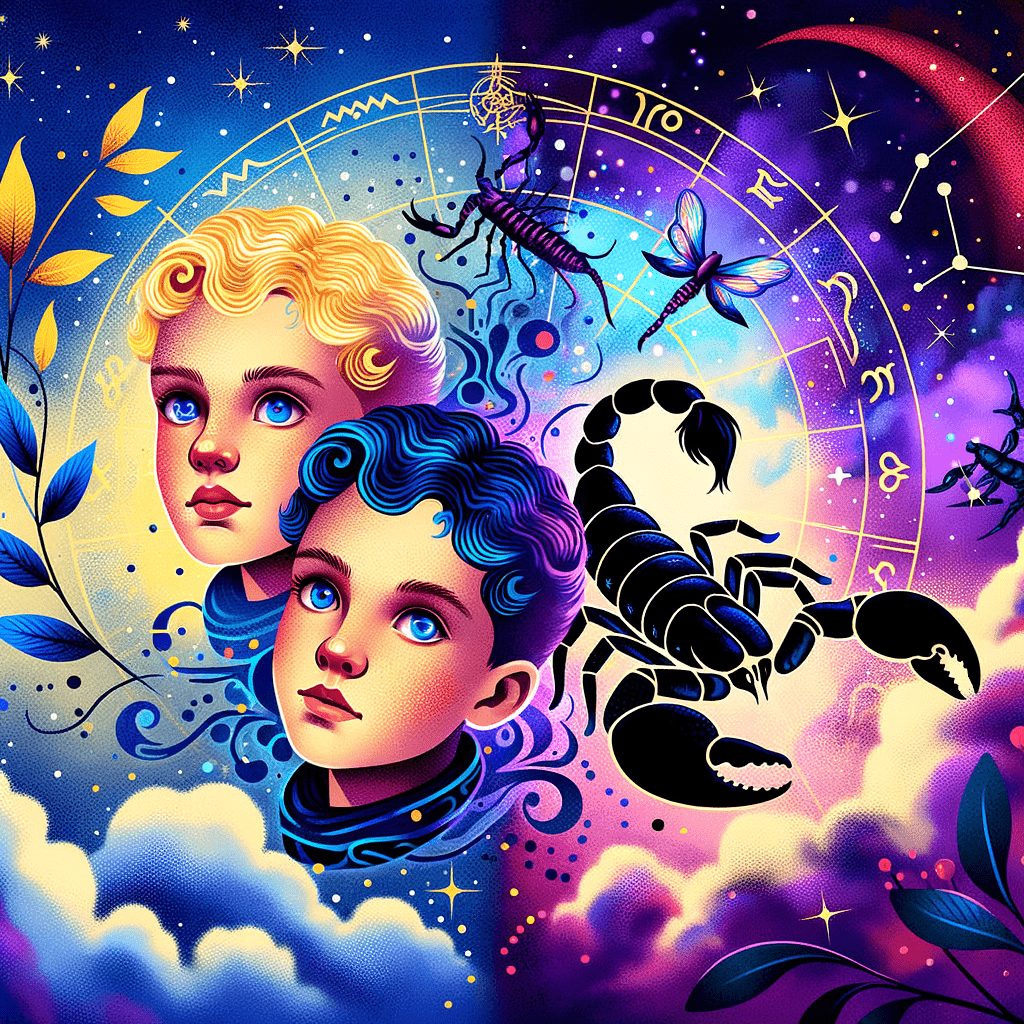 Gemini twins symbol and Scorpio scorpion symbol flanking a glowing sun, representing Gemini and Scorpio compatibility.
