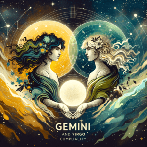 Gemini and Virgo zodiac symbols side by side with sunburst and astrological motifs representing sun sign compatibility.