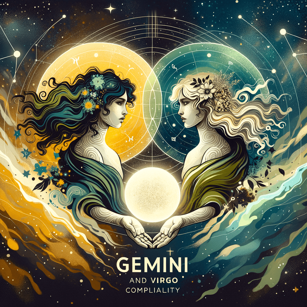 Gemini and Virgo zodiac symbols side by side with sunburst and astrological motifs representing sun sign compatibility.
