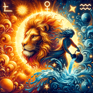Stylized lion (Leo) and water-bearer (Aquarius) facing each other with sun motifs, showing Leo and Aquarius compatibility.