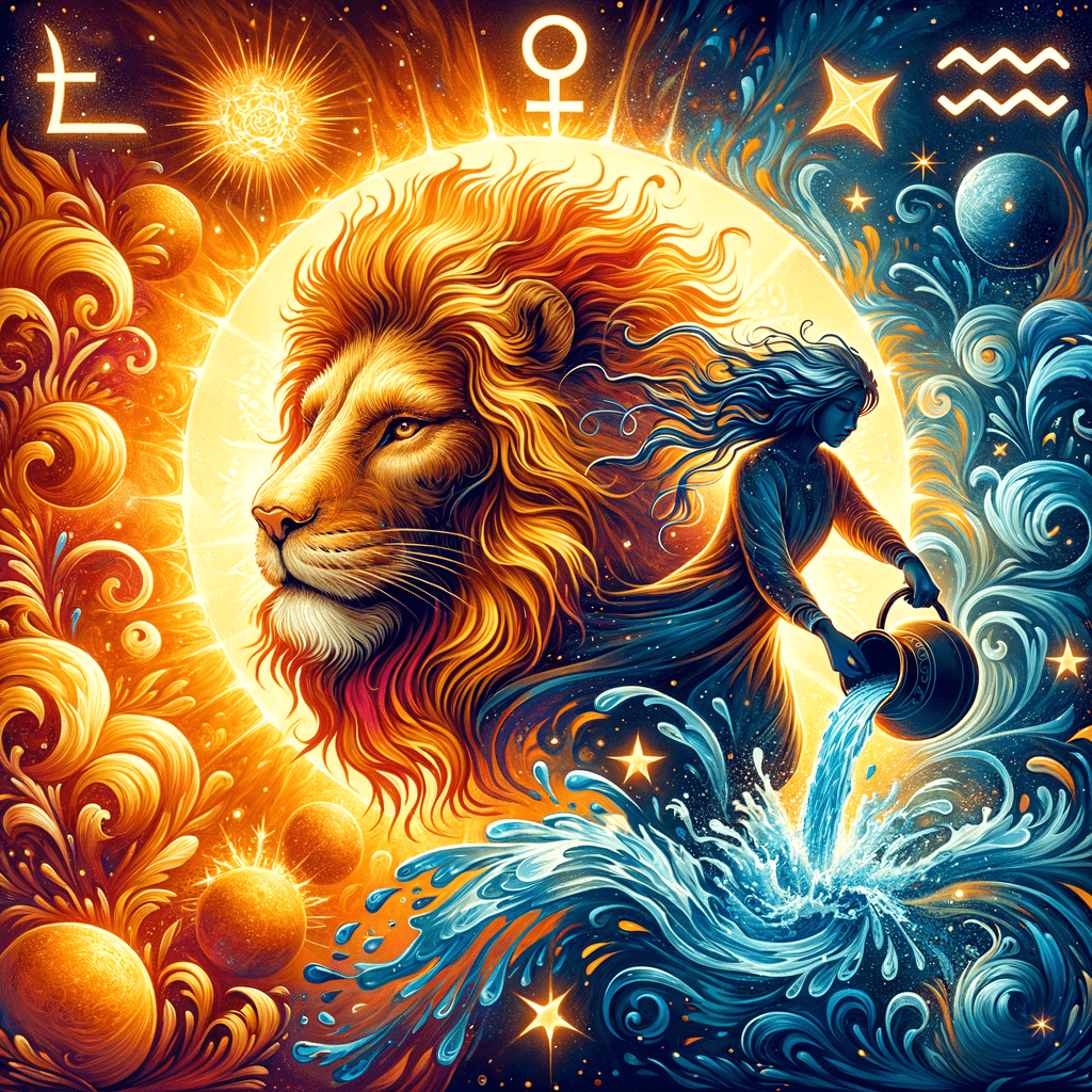 Stylized lion (Leo) and water-bearer (Aquarius) facing each other with sun motifs, showing Leo and Aquarius compatibility.