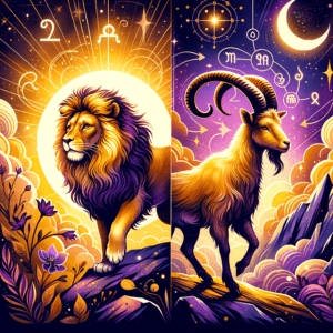 Illustration of a Leo lion and Capricorn goat facing each other with sun icon, symbolizing Leo and Capricorn compatibility.