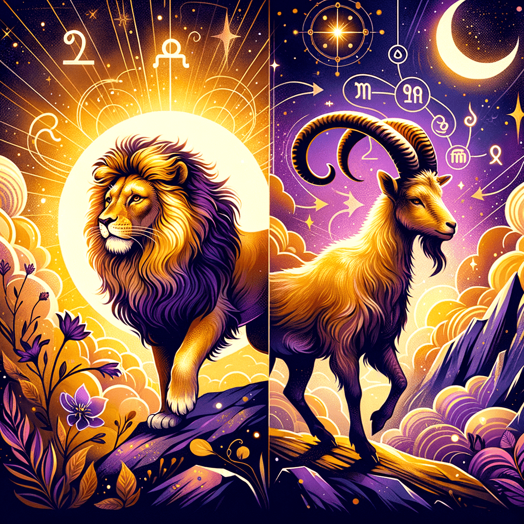 Illustration of a Leo lion and Capricorn goat facing each other with sun icon, symbolizing Leo and Capricorn compatibility.