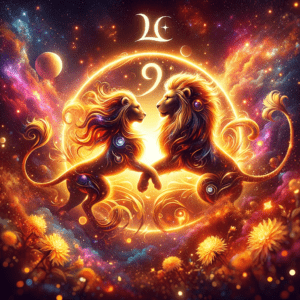Two regal lions and Leo glyphs silhouetted against a warm sun, symbolizing Leo and Leo compatibility