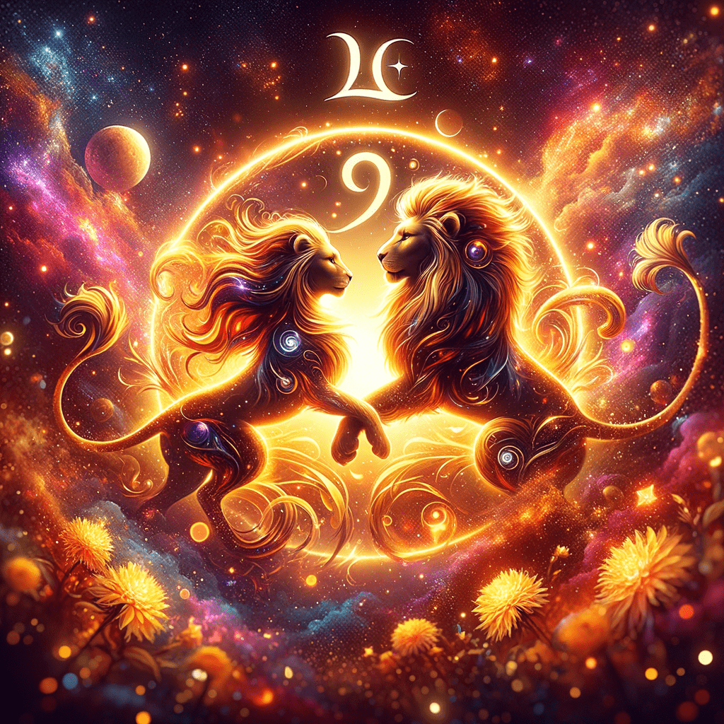 Two regal lions and Leo glyphs silhouetted against a warm sun, symbolizing Leo and Leo compatibility