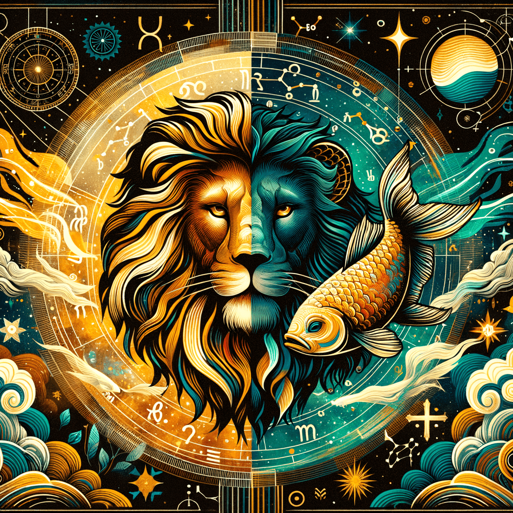 Golden lion and two blue fish facing each other with sun and water motifs, representing Leo and Pisces compatibility.