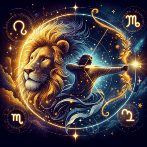 Two zodiac symbols—Leo lion and Sagittarius archer—against a glowing sun, symbolizing Leo and Sagittarius compatibility.