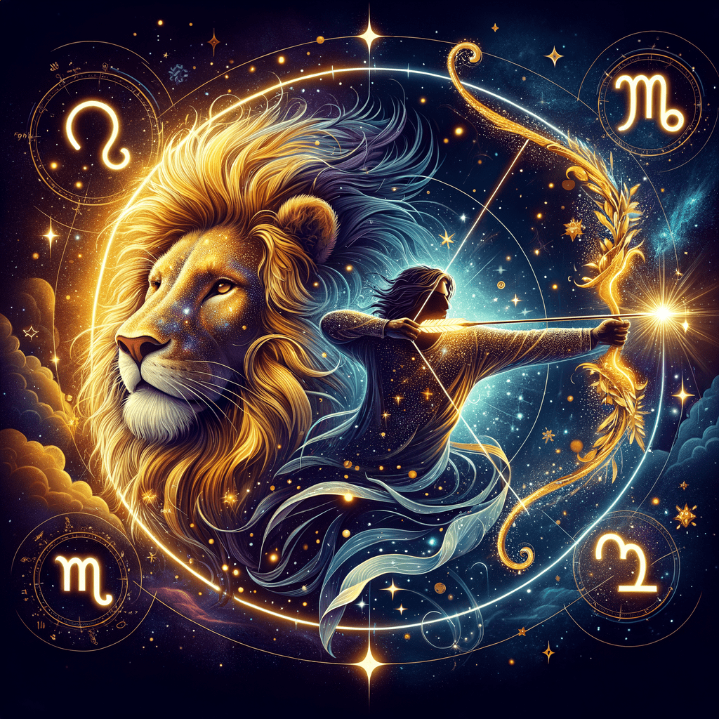 Two zodiac symbols—Leo lion and Sagittarius archer—against a glowing sun, symbolizing Leo and Sagittarius compatibility.
