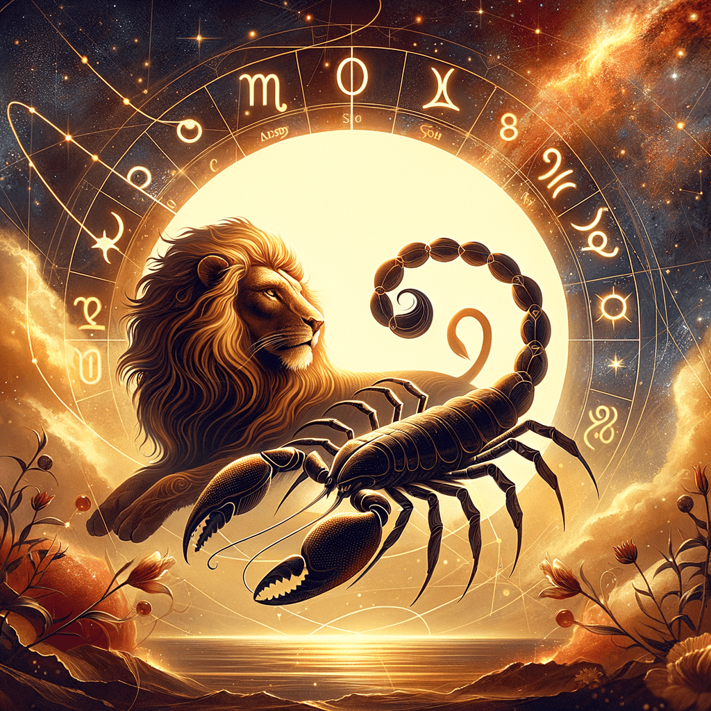 Graphic showing Leo lion and Scorpio scorpion zodiac symbols with sunburst, representing Leo and Scorpio compatibility.