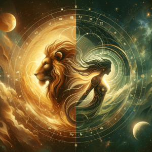 Leo lion and Virgo maiden zodiac symbols side by side with sun-themed background, indicating zodiac compatibility.
