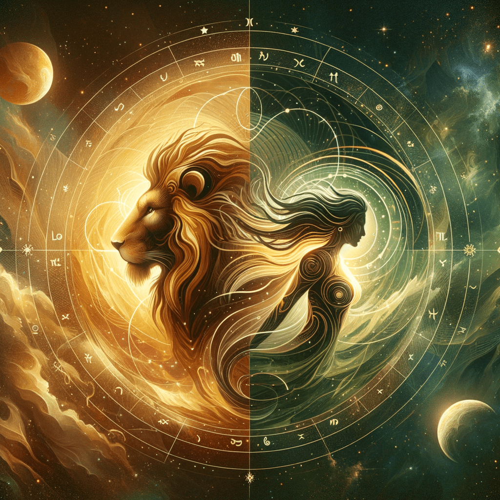Leo lion and Virgo maiden zodiac symbols side by side with sun-themed background, indicating zodiac compatibility.
