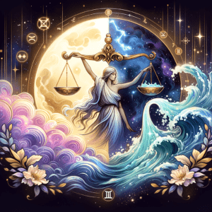Libra scales and Aquarius water-bearer icons linked by stars and a heart on a pastel cosmic background.