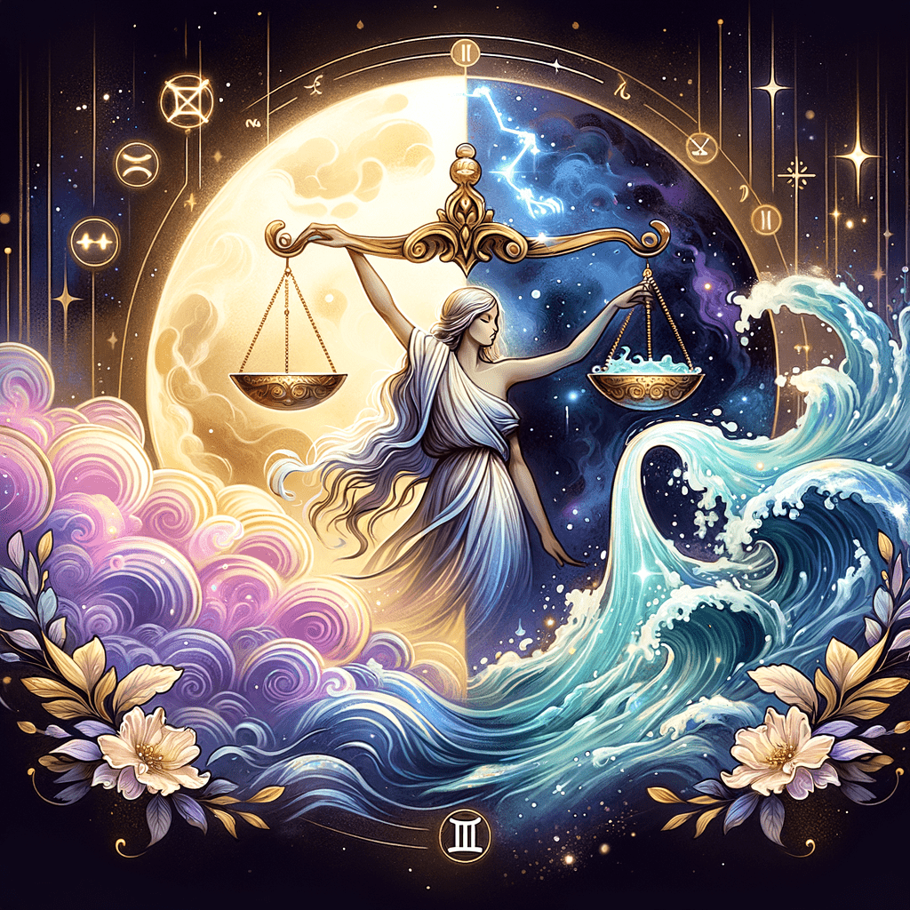 Libra scales and Aquarius water-bearer icons linked by stars and a heart on a pastel cosmic background.