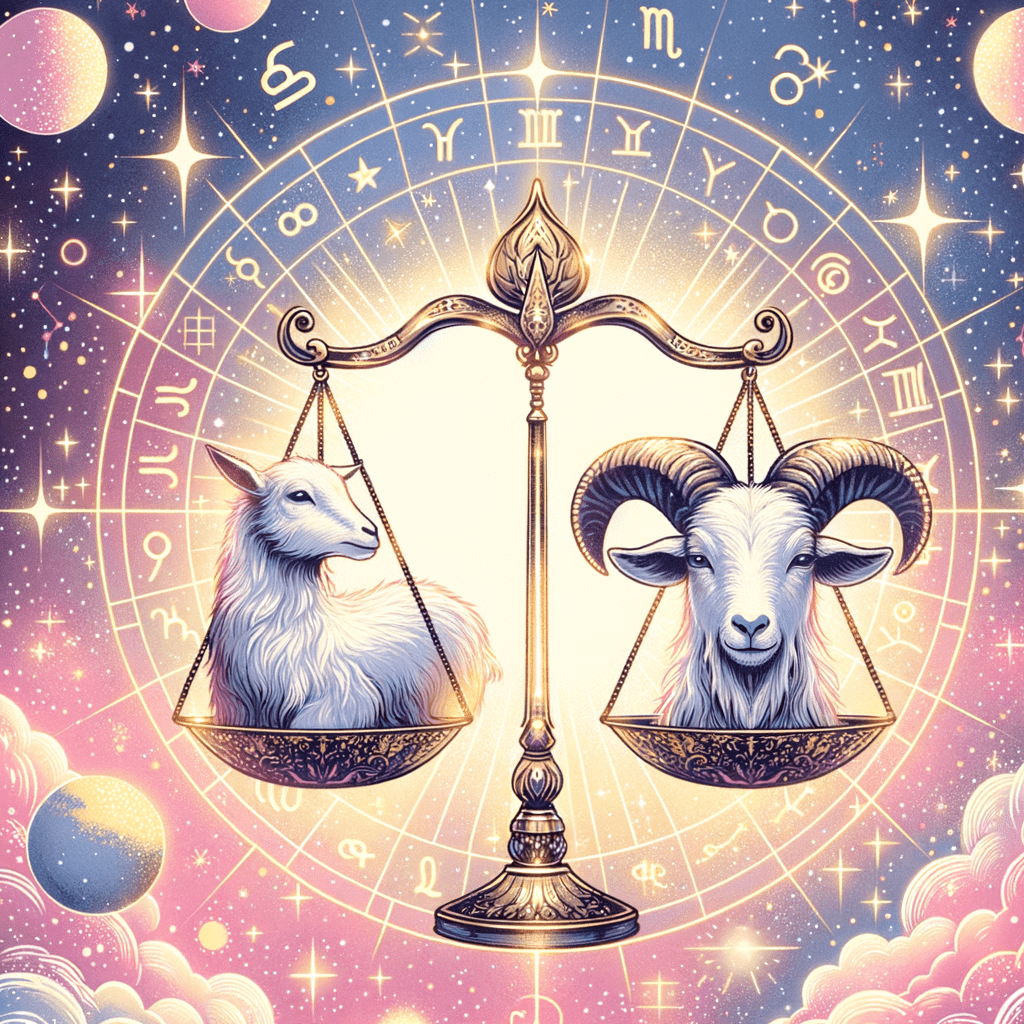 Illustration of Libra scales and Capricorn sea-goat with sun backdrop, indicating their compatibility.
