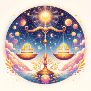 Two mirrored Libra symbols forming scales with pastel colors and leaves, symbolizing Libra and Libra compatibility.