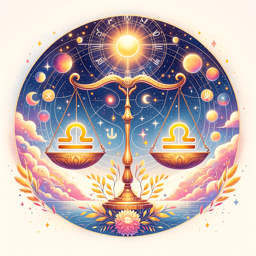 Two mirrored Libra symbols forming scales with pastel colors and leaves, symbolizing Libra and Libra compatibility.