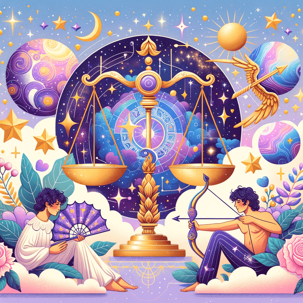 Libra scales and Sagittarius archer symbols intertwined against a starry background, representing their compatibility.