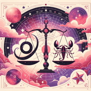 Libra scales and Scorpio scorpion icons facing each other over a starry background, symbolizing their compatibility.