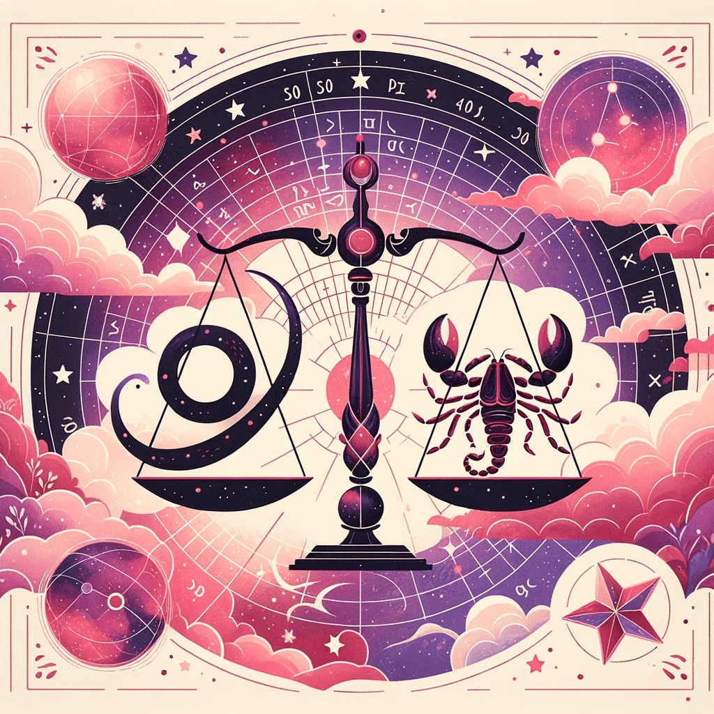 Libra scales and Scorpio scorpion icons facing each other over a starry background, symbolizing their compatibility.