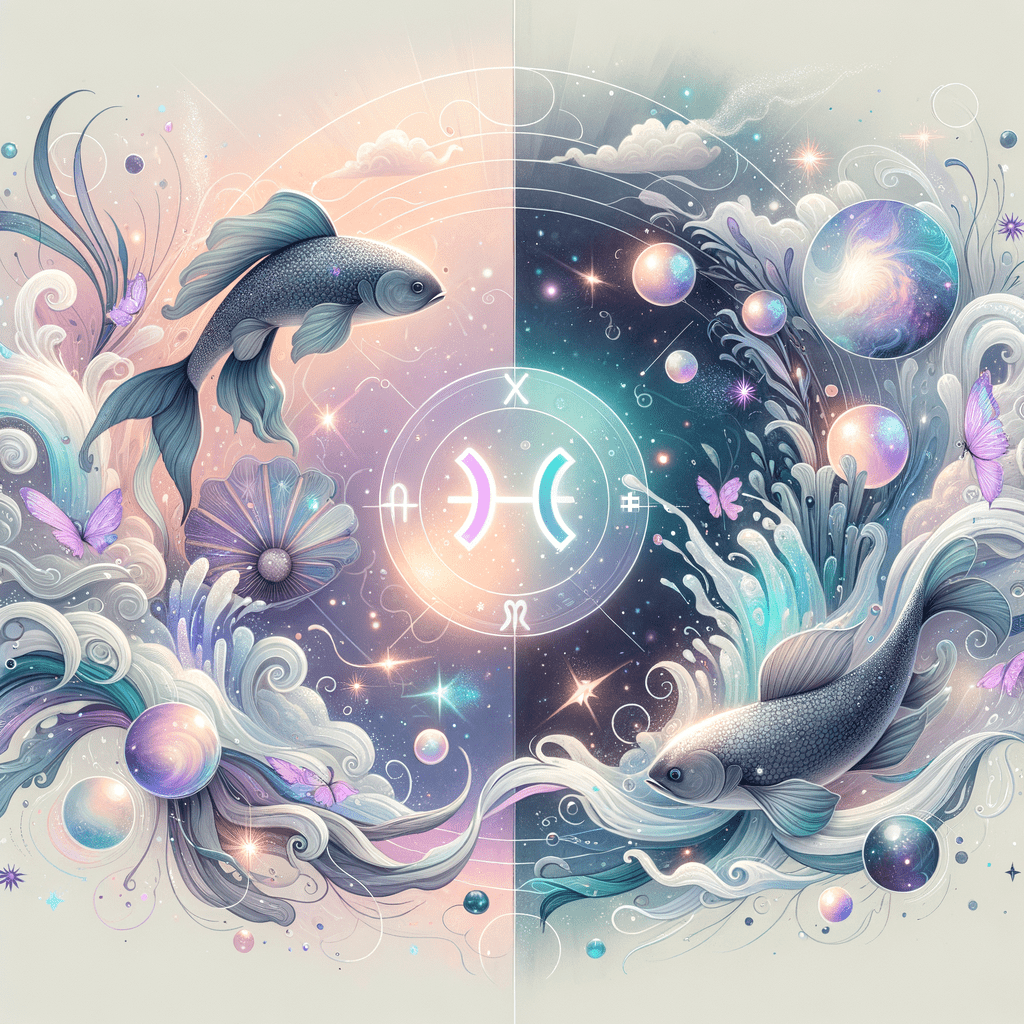 Pisces and Aquarius compatibility illustration: Pisces fish and Aquarius water-bearer symbols facing each other with stars