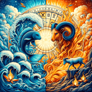 Pisces fish and Aries ram facing each other with heart and zodiac symbols, representing romantic compatibility.