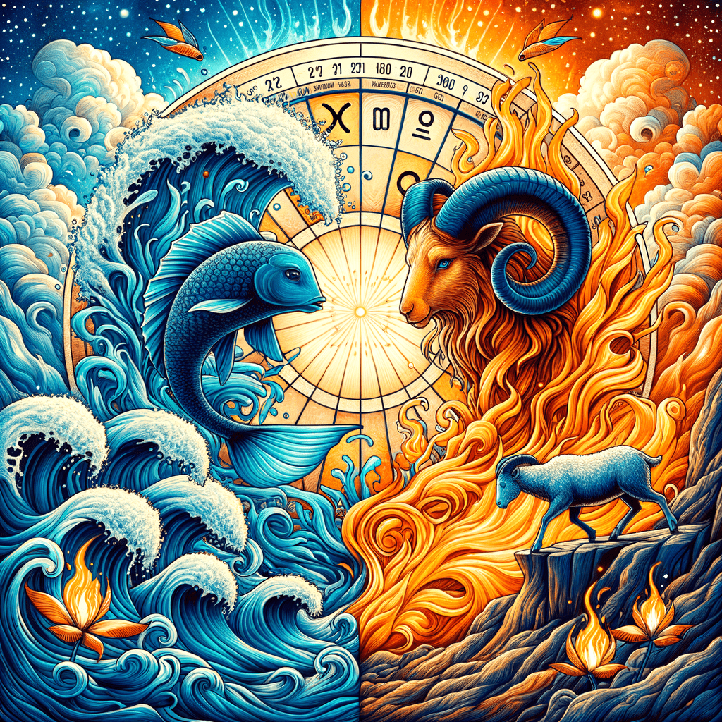 Pisces fish and Aries ram facing each other with heart and zodiac symbols, representing romantic compatibility.
