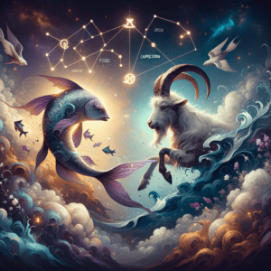 Pisces and Capricorn zodiac symbols facing each other with sunburst background, symbolizing their compatibility.