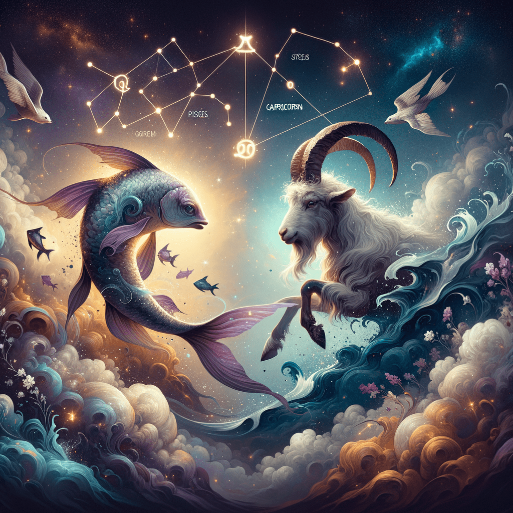 Pisces and Capricorn zodiac symbols facing each other with sunburst background, symbolizing their compatibility.