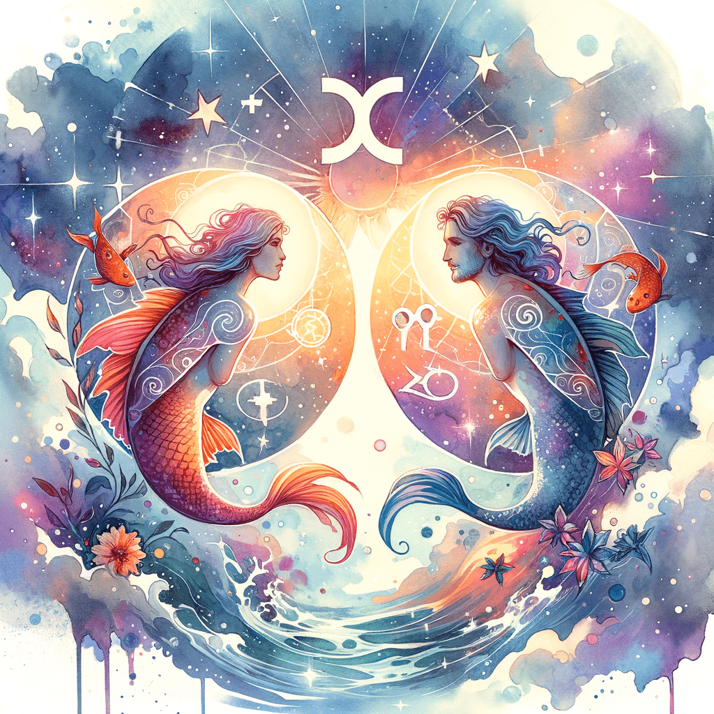 Stylized Pisces fish and Gemini twins zodiac symbols intertwined with stars and soft pastel colors