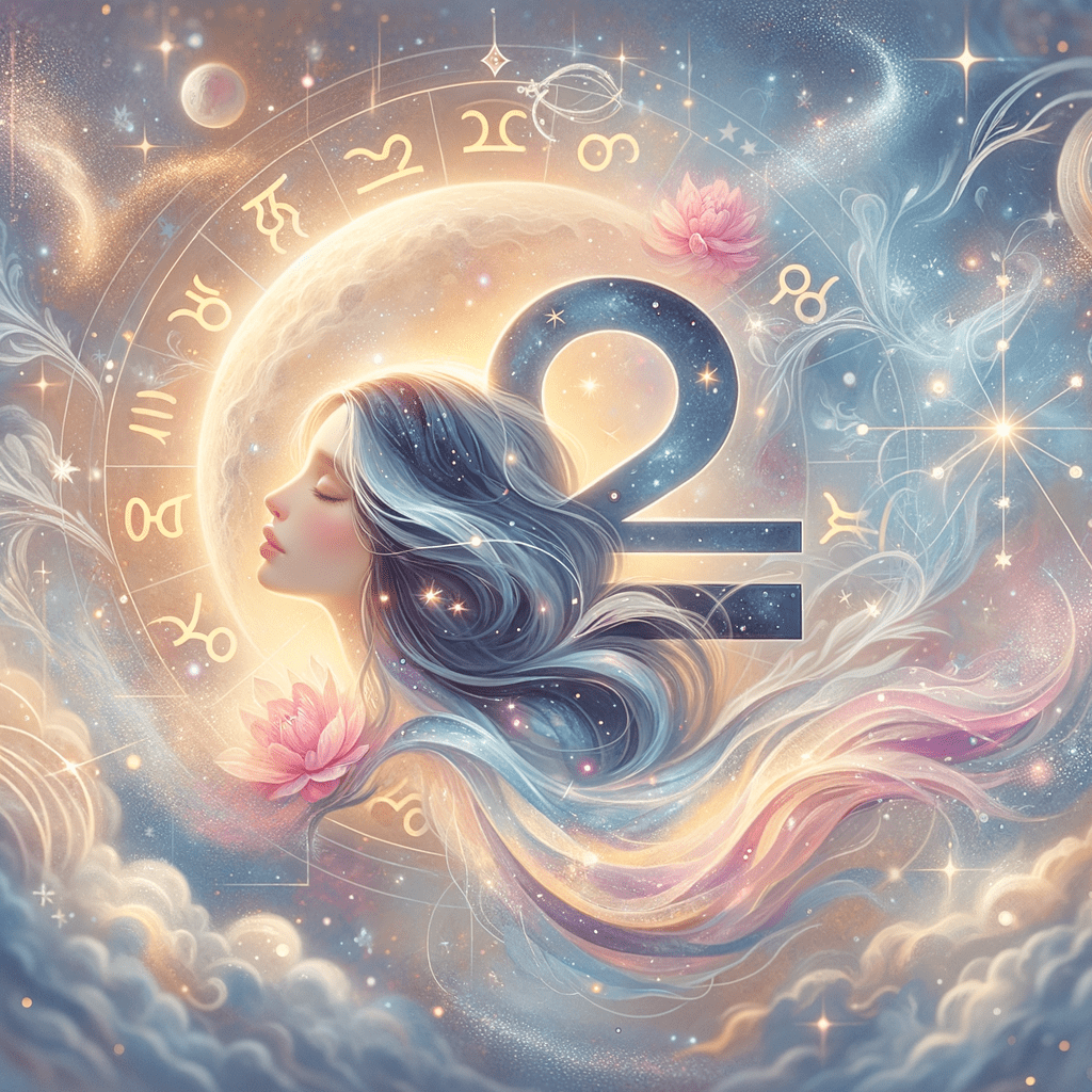 Illustration of Pisces fish and Libra scales facing each other with soft pastel background, representing compatibility.