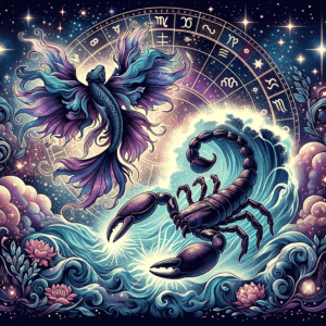 Pisces and Scorpio zodiac symbols intertwined over ocean waves and stars, representing their romantic compatibility.