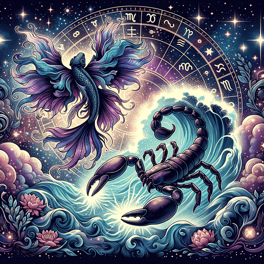 Pisces and Scorpio zodiac symbols intertwined over ocean waves and stars, representing their romantic compatibility.