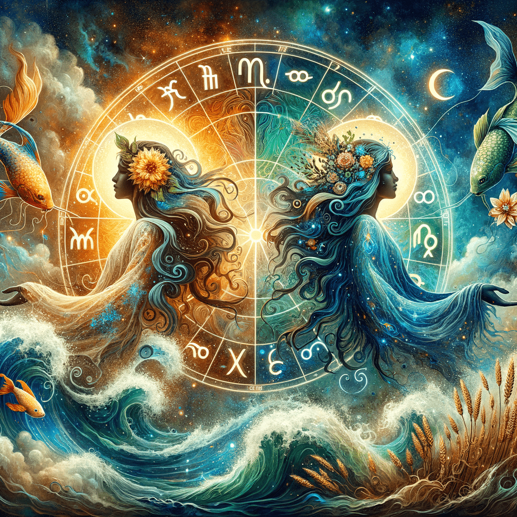 Pisces fish and Virgo maiden symbols intertwined over watercolor blue-green background, symbolizing compatibility.
