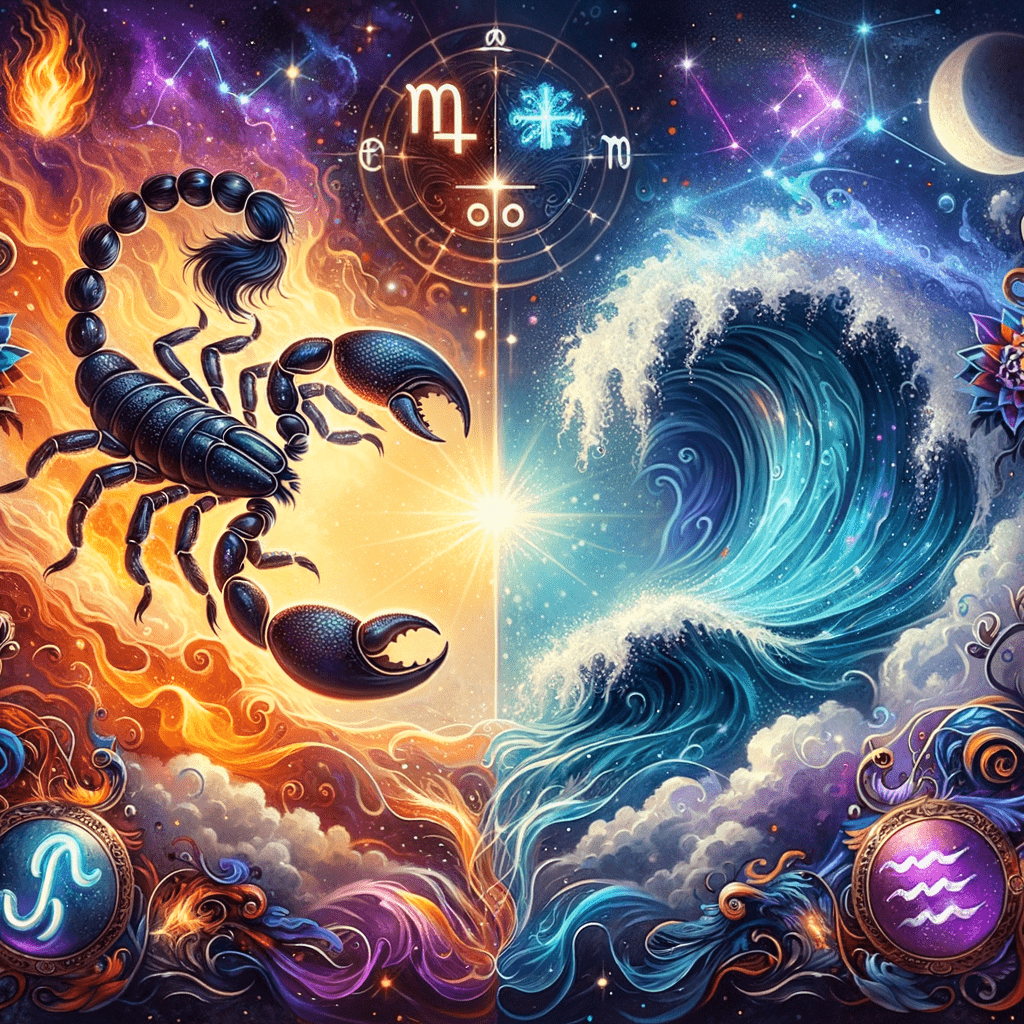 Astrology: Scorpio and Aquarius symbols face each other on a starry sunlit background labeled 'compatibility'.