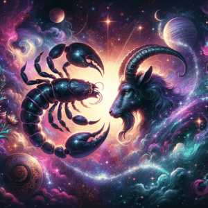 Scorpio scorpion and Capricorn goat symbols facing each other with zodiac glyphs and a glowing heart on a cosmic background